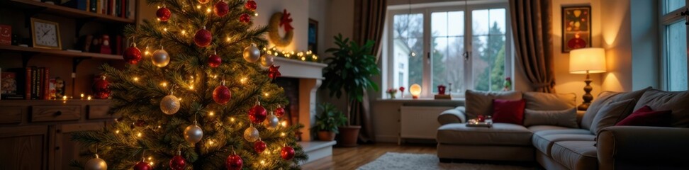 Fototapeta premium Christmas tree in a cozy living room, presents, living room