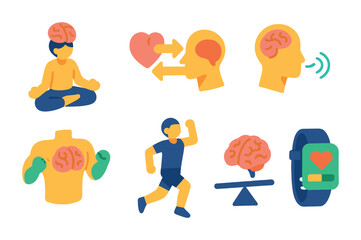 Isometric flat vector set of icons of mind-body connection: yoga brain, brain-heart sync, running head, breath and brain, healthy body brain, exercise icon, brain in balance, wellness tracker. . ,