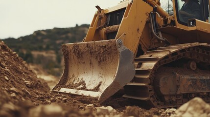 Fototapeta premium A Hispanic construction worker operating a bulldozer to clear land. Featuring control and strength