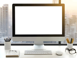 Fototapeta premium Home office setup with large screen monitor and daylight for remote work, creative jobs, and business lifestyle