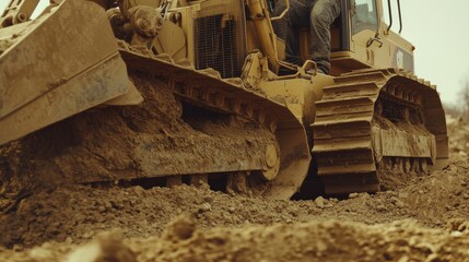 A Hispanic construction worker operating a bulldozer to clear land. Featuring control and strength