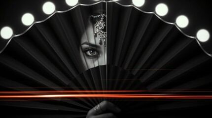 Mystical fortune teller with a fan and captivating gaze, illuminated by arena lights, featuring copy space