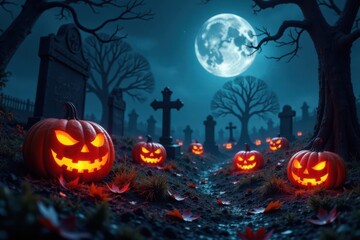 Dark spooky graveyard with glowing jack-o-lanterns and spider webs, spooky atmosphere, night, spooky