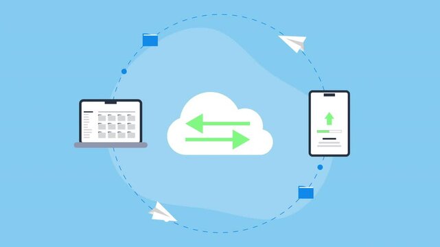 Cloud sync data animation transfers from laptop to smartphone. Suitable for technology blogs, cybersecurity articles, data management concepts, and cloud computing illustrations.