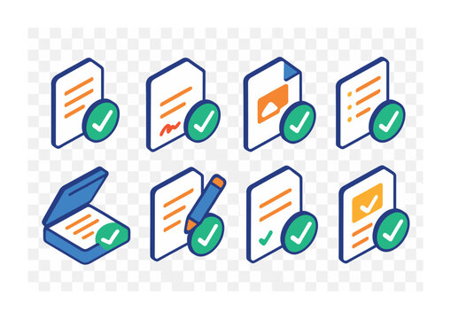 Isometric flat vector set of icons of approval process: approved icon, signature with check, stamped check, document verified, process complete, approval form, contract check, workflow done. isolated