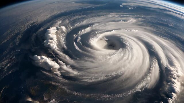 A massive hurricane swirls dramatically over the ocean's surface, with winds reaching dangerously high speeds