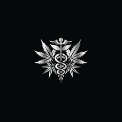 Cannabis leaf vector illustration design template. Marijuana leaf icon. Caduceus Caduceus Medical Emblem. Vector illustration.
