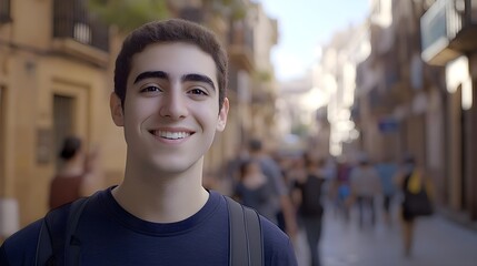 Fototapeta premium Handsome Brunette Young Man Smiling in Casual T-Shirt Selfie
