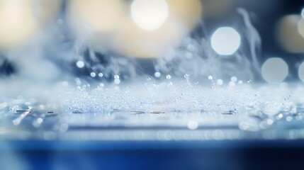 Close-up view of vaporising water droplets on a metallic surface with a blurred bokeh background creating a dreamy and airy atmosphere