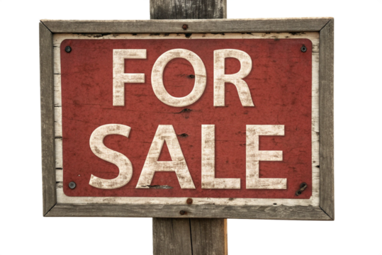 A weathered For Sale sign with a red background and transparent lettering on a wooden post , isolated on transparent background-generated by ai