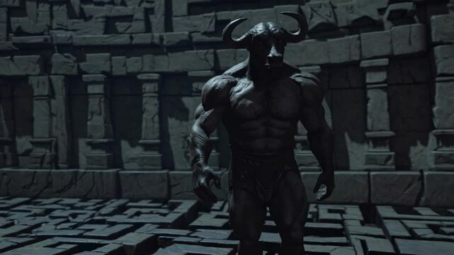 A low-angle shot of a minotaur in a dark, ancient labyrinth. The video style is cinematic, emphasizing shadows and the creature's imposing presence.