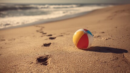 Obraz premium Colorful Beach Ball on Sand with Footprints Leading to the Waves in a Serene Coastal Scene
