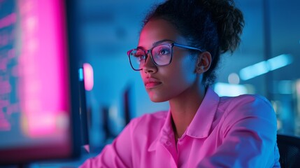 Obraz premium Young Black Woman Focused on Computer Screen in a Modern Tech Environment