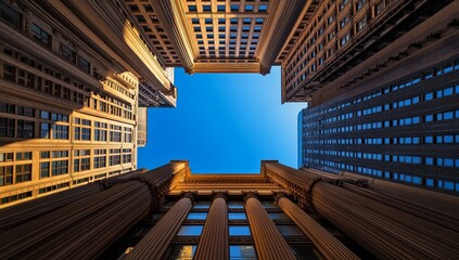 Urban architectural perspective.  Looking up at a complex arrangement of buildings, showcasing a  modern and historical city skyline.  The image highlights the intricate details of the facades.