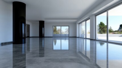 Spacious, modern interior with glossy, dark gray floor and large windows showcasing outdoor scenery