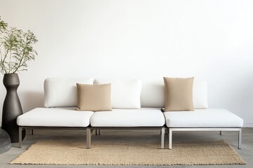 Minimalist White Sofa with Neutral Pillows and Rug in Bright Interior