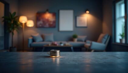 Dimly lit product display on gray background with soft focus and subtle lighting effects, sophistication, product