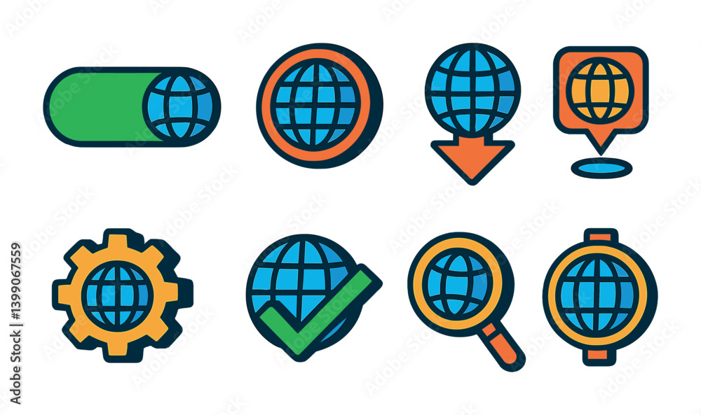 Poster internet connection icons set featuring global and network symbols in flat style