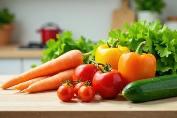 Colorful vegetables including carrots, cherry tomatoes, bell peppers, and cucumbers on a clean kitchen counter, fresh, bell peppers
