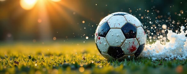 Colorful water droplets surround a swift soccer ball as it soars through the air , color, movement