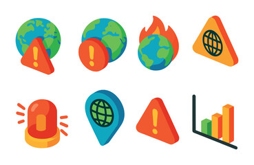 Isometric flat vector set of icons of global warnings: danger globe, climate alert, fire globe, warning triangle world, crisis icon, emergency signal, alert pin, risk chart. isolated transparent
