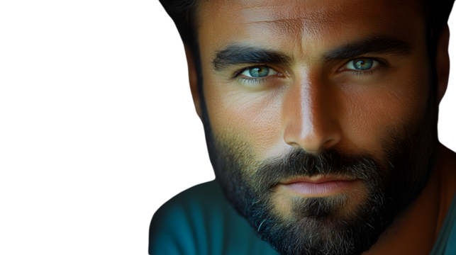 Closeup portrait of a man with a beard and intense gaze