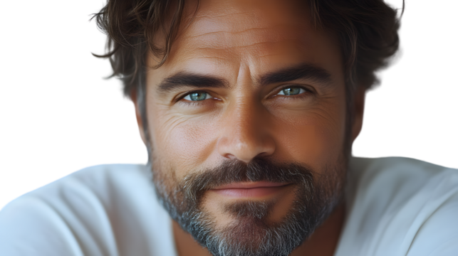 Closeup portrait of a man with a beard and green eyes