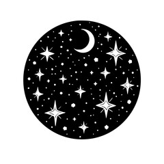Celestial Night Sky Illustration: Crescent Moon & Starry Circle