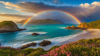 Rainbow Over Tropical Beach Idyllic Sunset Scene with Turquoise Waters