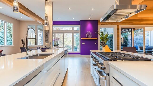 Modern Kitchen Design with Purple Accent Wall and Stainless Steel Appliances