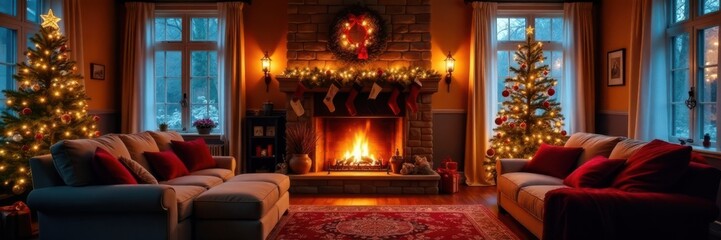 Cozy living room decorated for Christmas with fireplace and decorated tree, living room furniture, fireplace, festive atmosphere