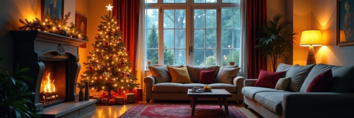 Fototapeta premium Cozy living room with Christmas tree and ornaments, festive decorations, furniture, living room