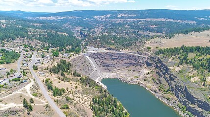 Fototapeta premium Aerial View of Quarry Landscape Surrounded by Lush Green Forest and Scenic Mountain Backdrop