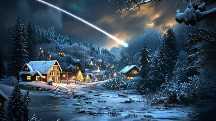 Snowy village at night with a shooting star - Powered by Adobe