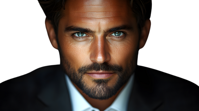 Closeup portrait of a man with beard and intense gaze