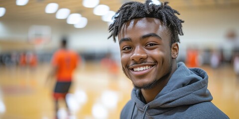 Fototapeta premium A young man with dreadlocks is smiling for the camera in a gym