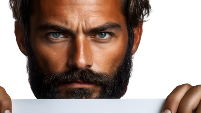 Closeup portrait of a man with beard holding a blank sign - Powered by Adobe