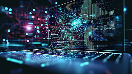 Modern Laptop with Abstract Graphs and Data Visualizations in Futuristic Style