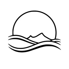 Minimalist Landscape Icon: Sun, Mountains, Waves - Black & White Vector