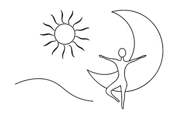 Black And White Line Art Depicting Balance Of Sun And Moon With Human Figure
