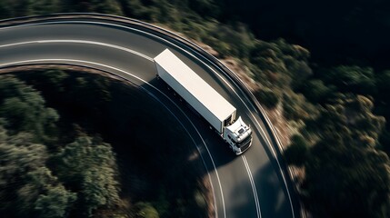 Fototapeta premium Truck navigating a winding road, journey through nature's embrace
