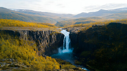 Fototapeta premium Autumn Waterfall In Mountainous Landscape