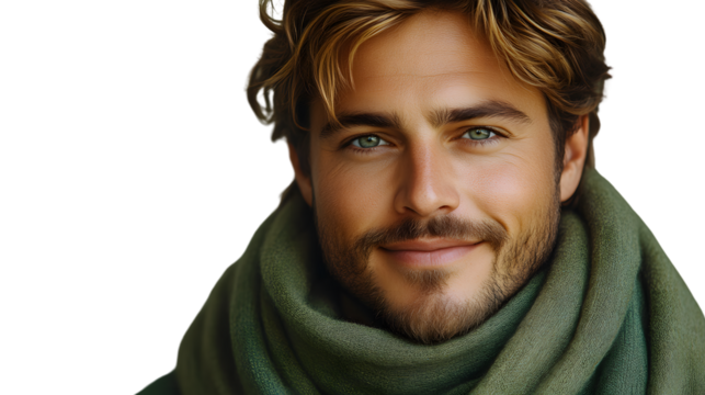 Closeup portrait of a man with blonde hair and green eyes wearing a green scarf - Powered by Adobe