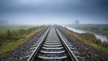 Fototapeta premium 雨の日の線路、遠くまで続くレール
