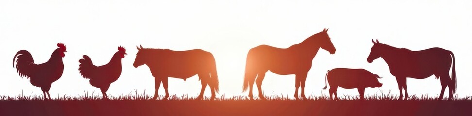 Fototapeta premium Farm animal silhouette set with chickens cows horses and pigs against a bright white background, countryside, livestock
