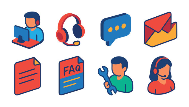 Isometric flat vector set of icons of customer support emails: ticket confirmation, reply to ticket, support team, help email, solved message, follow-up support, issue ID, contact support. isolated
