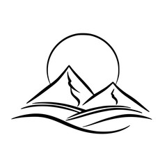 Minimalist Mountain Sunset Icon - Black and White Line Art