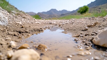Desert Puddle Small Rocks Naturalistic High-definition Ground-level View Sunlit Reflection Stillness Arid Landscape Warm Beige Tones Environmental Photography extra details included