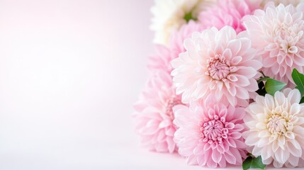 A bouquet of delicate pink and white dahlias arranged in a soft focus composition, set against a light pastel background, and floral elegance concept.