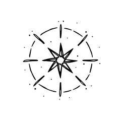 Hand-Drawn Compass Rose Icon, Black Ink on White, Simple Style